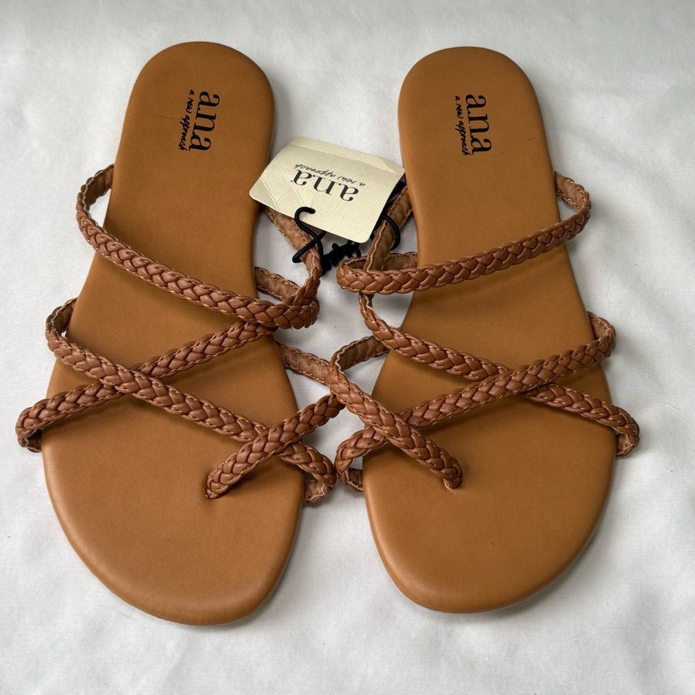 NWT A.n.a. Women’s Cognac Tan Braided Leather Strappy Thong Sandals